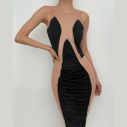 Round Neck Sleeveless Mesh Panel Ruched Illusion Bodycon Midi Dress