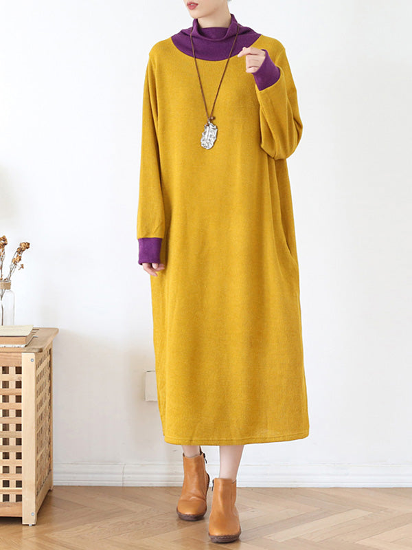 Crew Neck Long Sleeve Layered Look Oversized Pocket Midi Dress