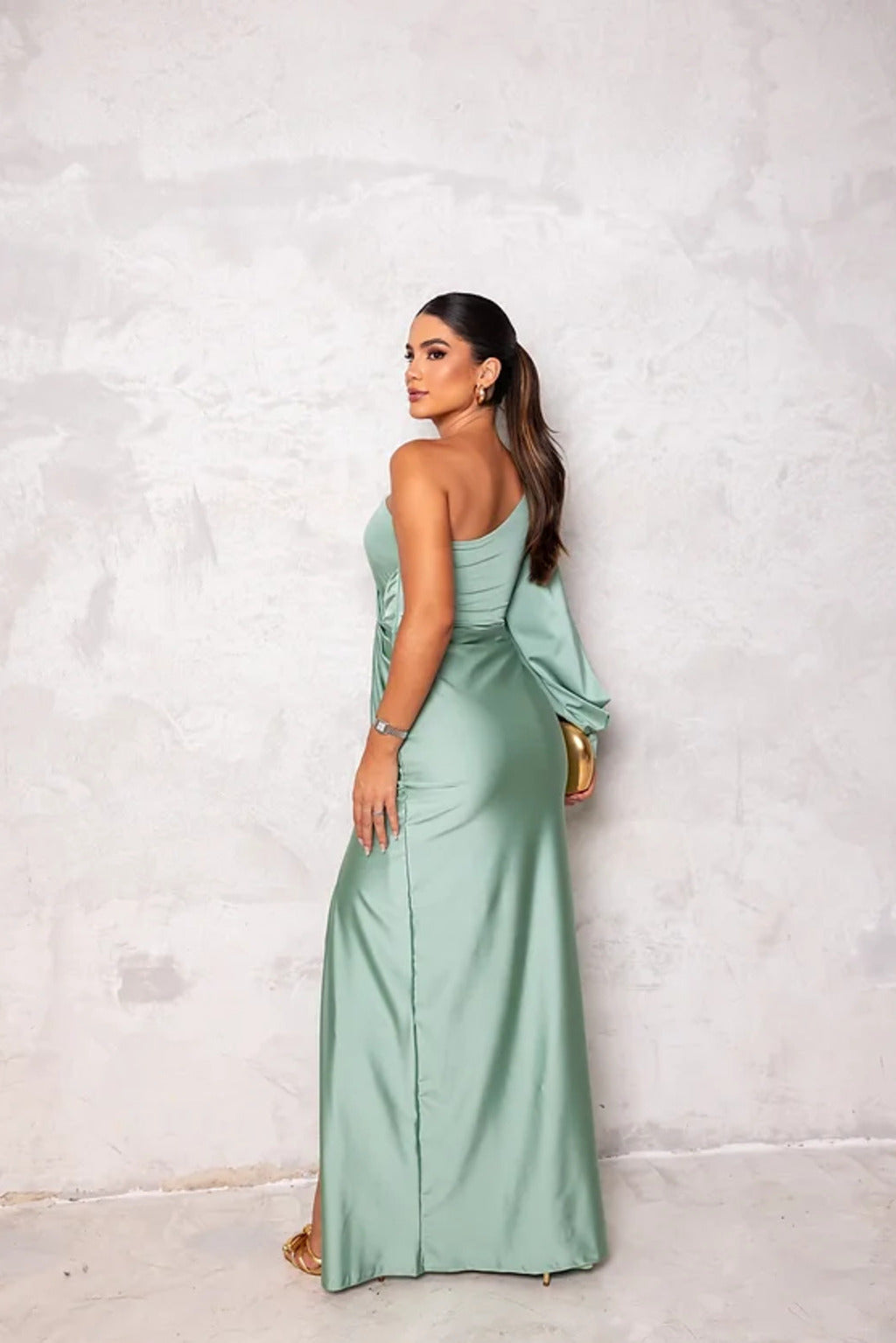 One Shoulder Draped Sleeve Ruched Waist High Slit Satin Maxi Dress