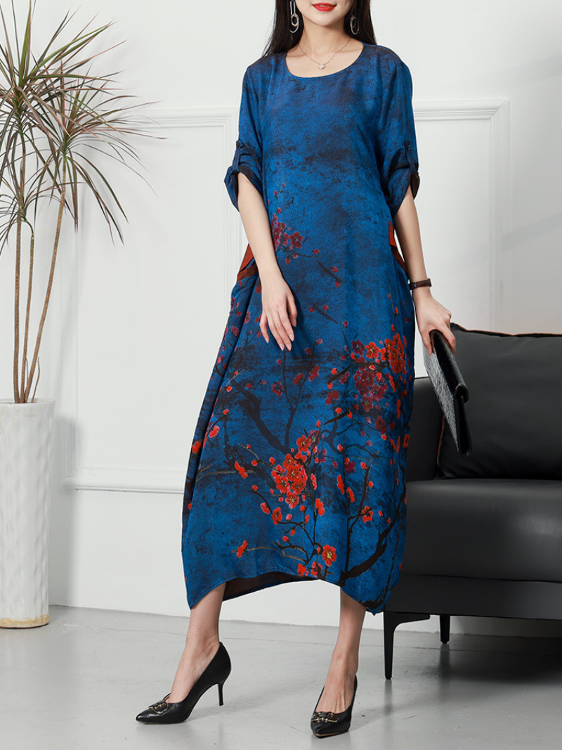 Round Neck Three Quarter Sleeve Blossom Print Pocket Midi Dress