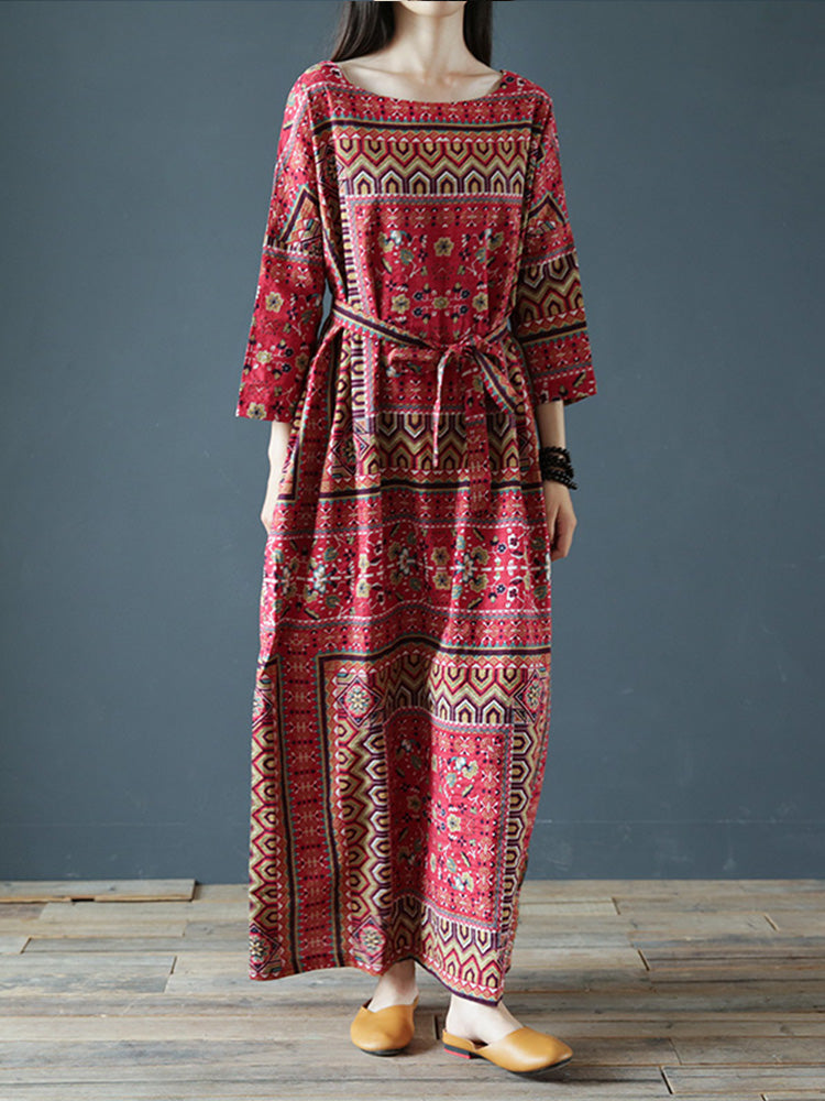 Boat Neck Three Quarter Sleeve Ethnic Geometric Print Tie Waist Maxi Dress
