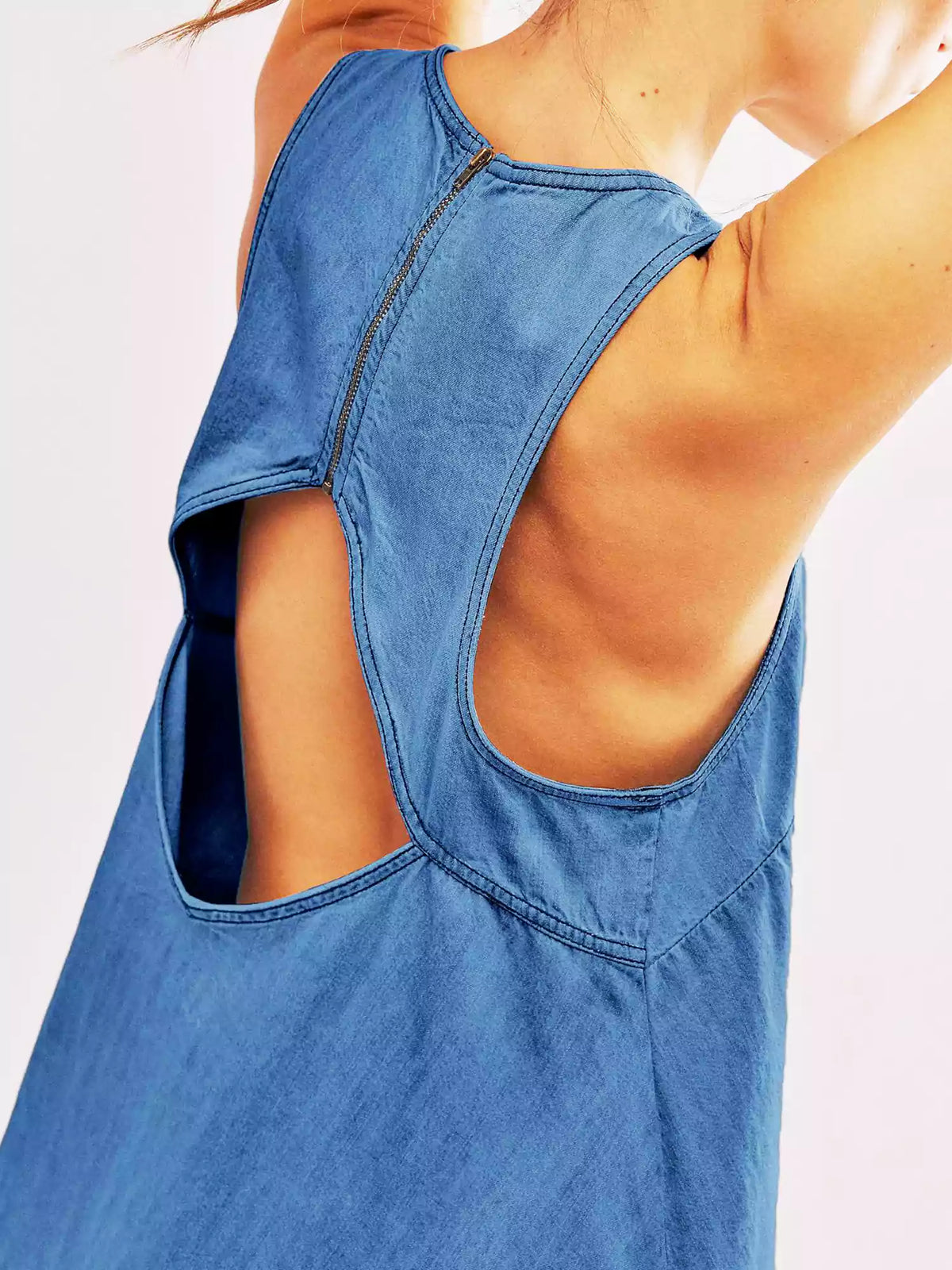 High Neck Sleeveless Denim A-Line Center Seam Mini Dress