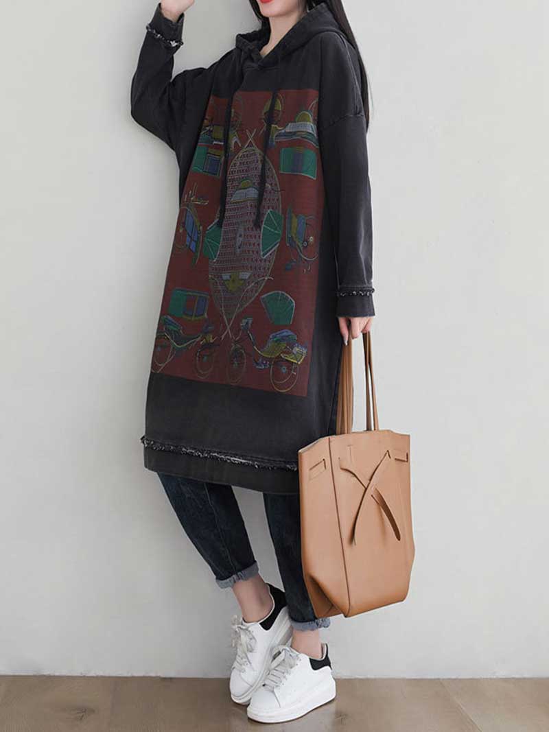 Hooded Drawstring Frayed Hem Graphic Print Oversized Sweatshirt Midi Dress