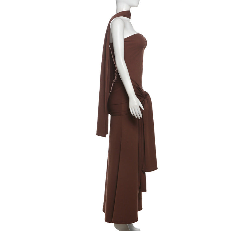 Strapless Sweetheart Front Knotted Sash Drape Mermaid Maxi Gown With Scarf