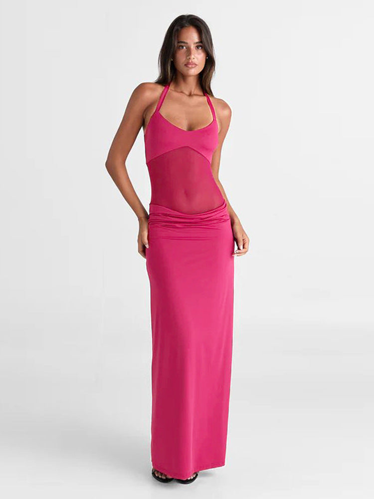 Halter Mesh Panel Midriff Ruched Waist Column Maxi Gown