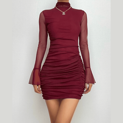 Mock Neck Sheer Mesh Bell Sleeve Horizontal Ruched Mini Dress