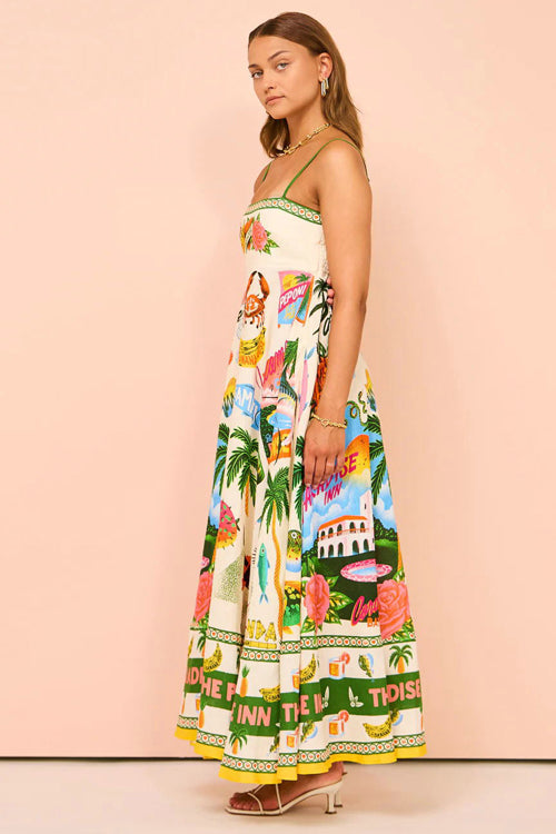 Square Neck Spaghetti Strap Tropical Resort Graphic Print Maxi Dress