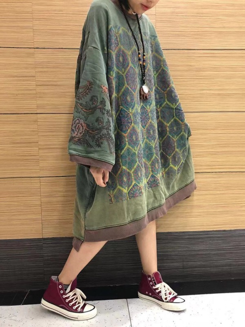 Crew Neck Medallion Print Oversized Long Sleeve Sweatshirt Dress