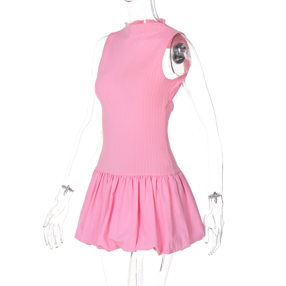 Mock Neck Sleeveless Ribbed Knit Drop Waist Bubble Hem Mini Dress
