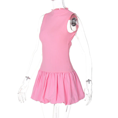 Mock Neck Sleeveless Ribbed Knit Drop Waist Bubble Hem Mini Dress