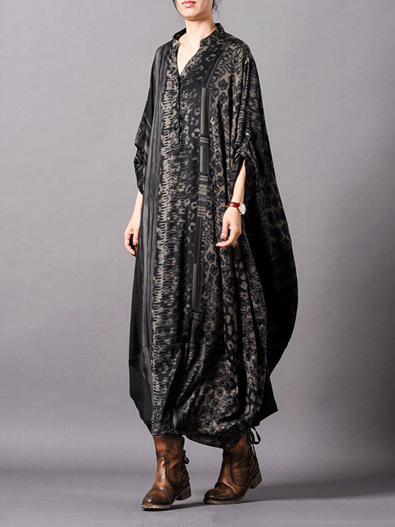 Mandarin Collar Button Front Mixed Print Patchwork Oversized Maxi Dress