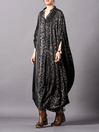 Mandarin Collar Button Front Mixed Print Patchwork Oversized Maxi Dress
