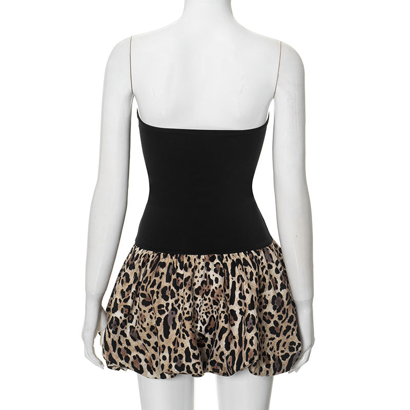 Strapless Contrast Bodice Print Bubble Hem Mini Dress