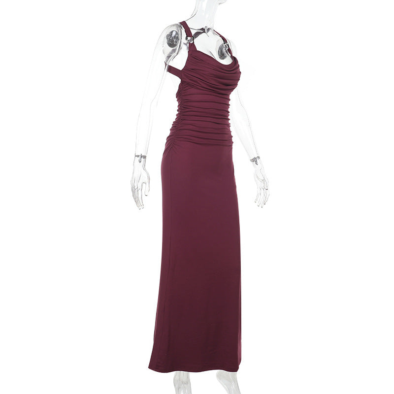 Spaghetti Strap Ruched Drape Side Slit Column Maxi Dress