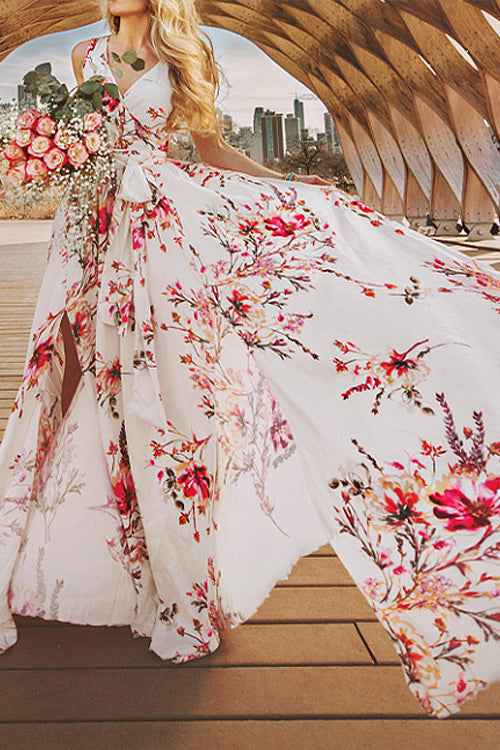 Surplice V-Neck Tie Waist High Slit Floral Print Maxi Dress