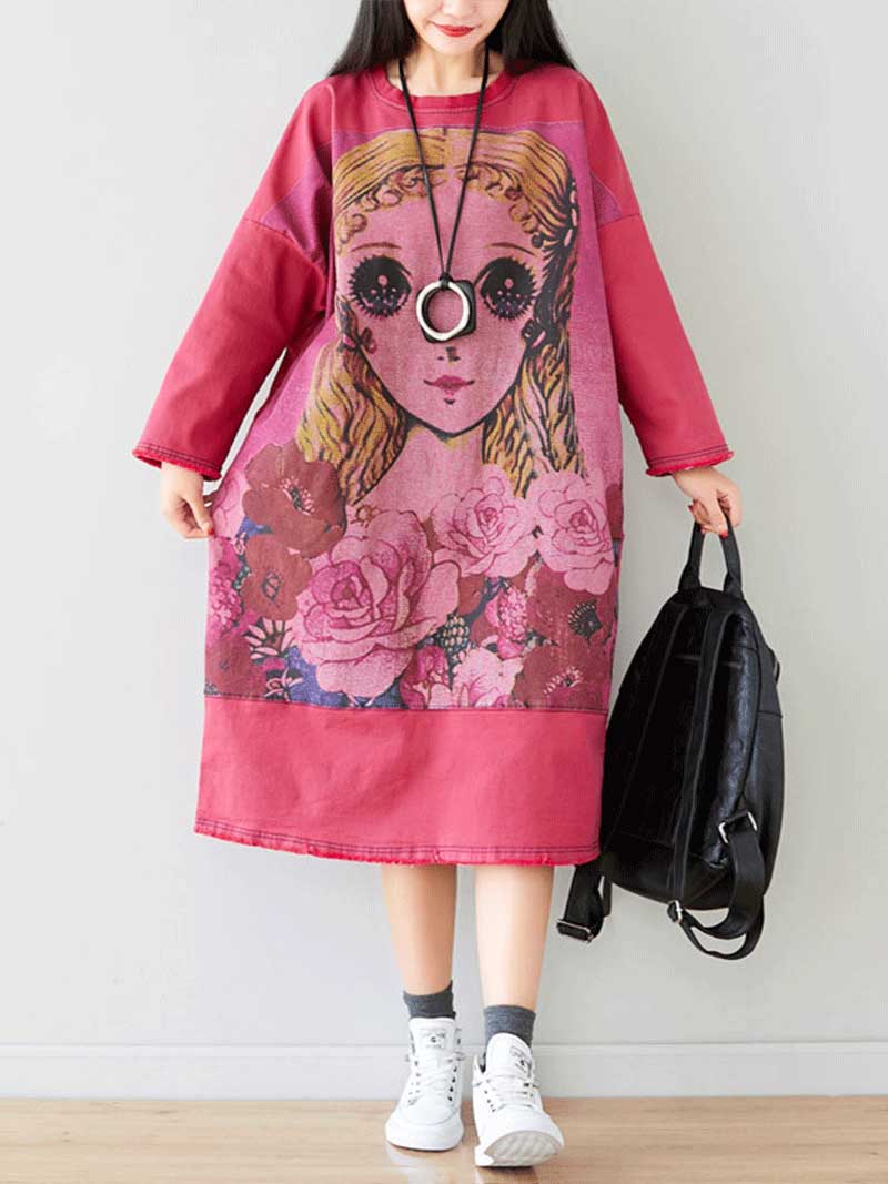 Round Neck Long Sleeve Graphic Knit Bodycon Midi Dress