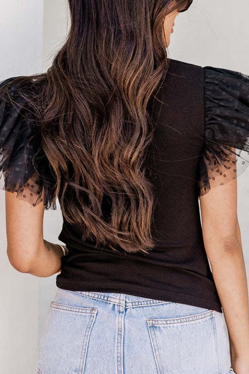Round Neck Polka Dot Ruffle Short Sleeves Top