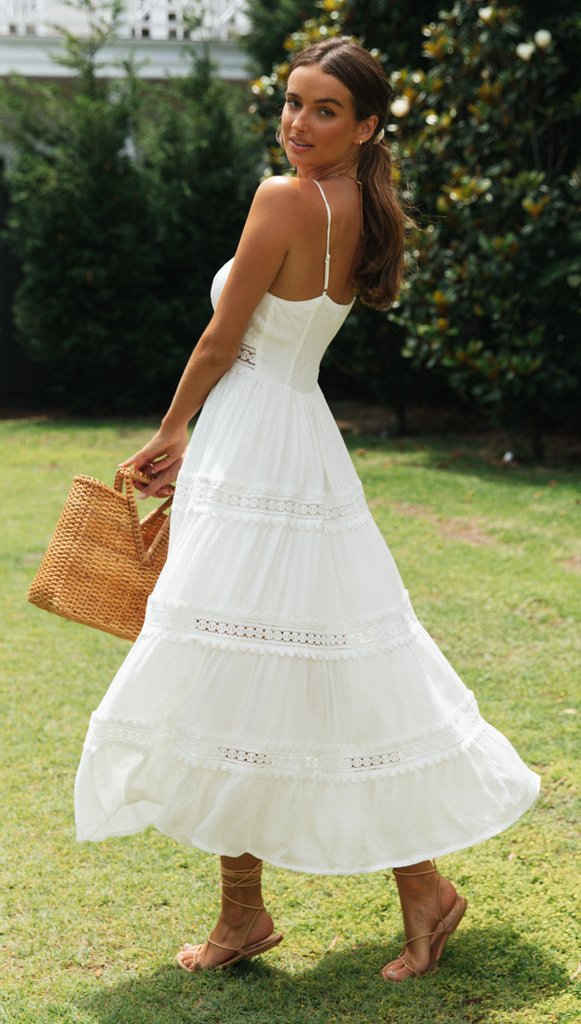Spaghetti Strap Lace Trim Tie Front Smocked Back Tiered Maxi Dress