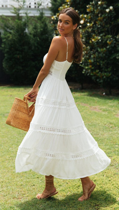 Spaghetti Strap Lace Trim Tie Front Smocked Back Tiered Maxi Dress