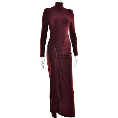 Mock Neck Long Sleeve Hip Knot Draped Panel Column Maxi Dress