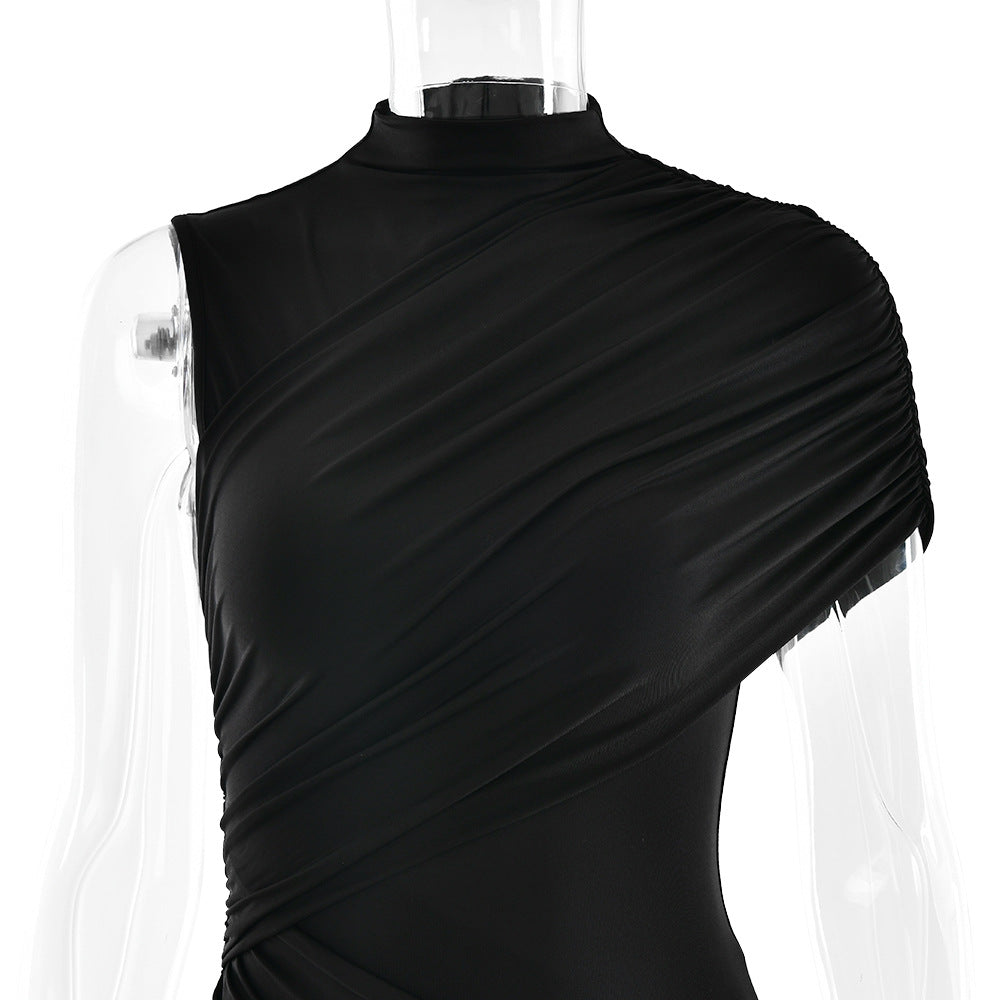 Mock Neck Sleeveless Ruched Asymmetric Side Train Mini Dress