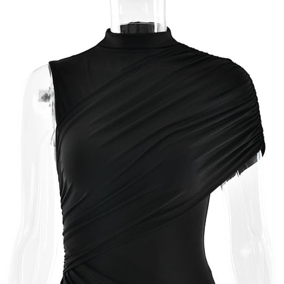 Mock Neck Sleeveless Ruched Asymmetric Side Train Mini Dress