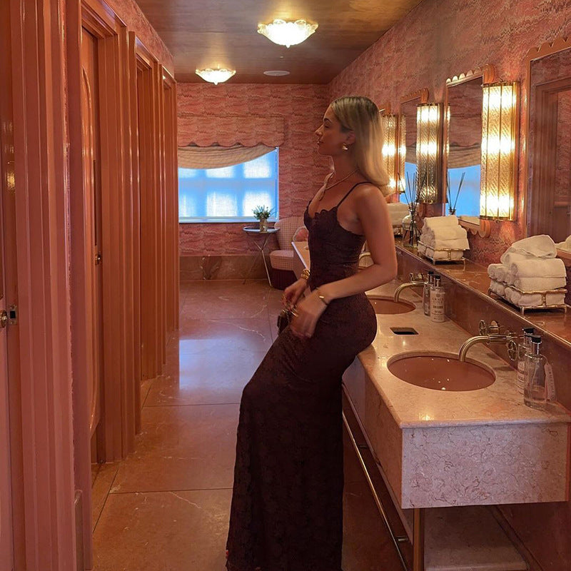 Spaghetti Strap Sweetheart Lace Maxi Dress