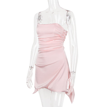 Strapless Ruched Satin Handkerchief Hem Mini Dress