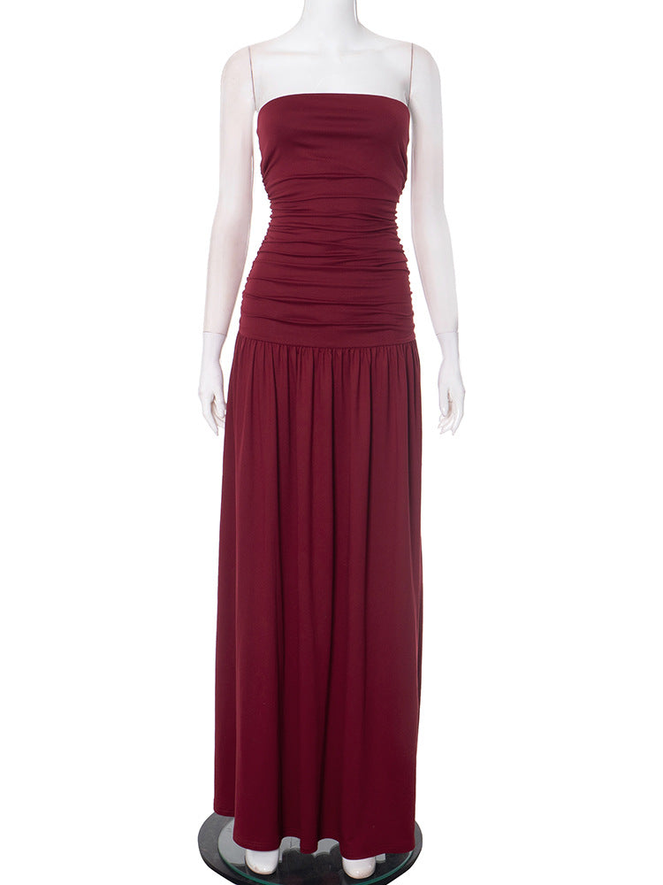 Strapless Ruched Bodice Flowy Gathered Skirt Floor Length Maxi Dress