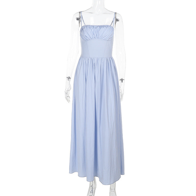 Spaghetti Strap Ruched Bust Corset Bodice A Line Maxi Dress