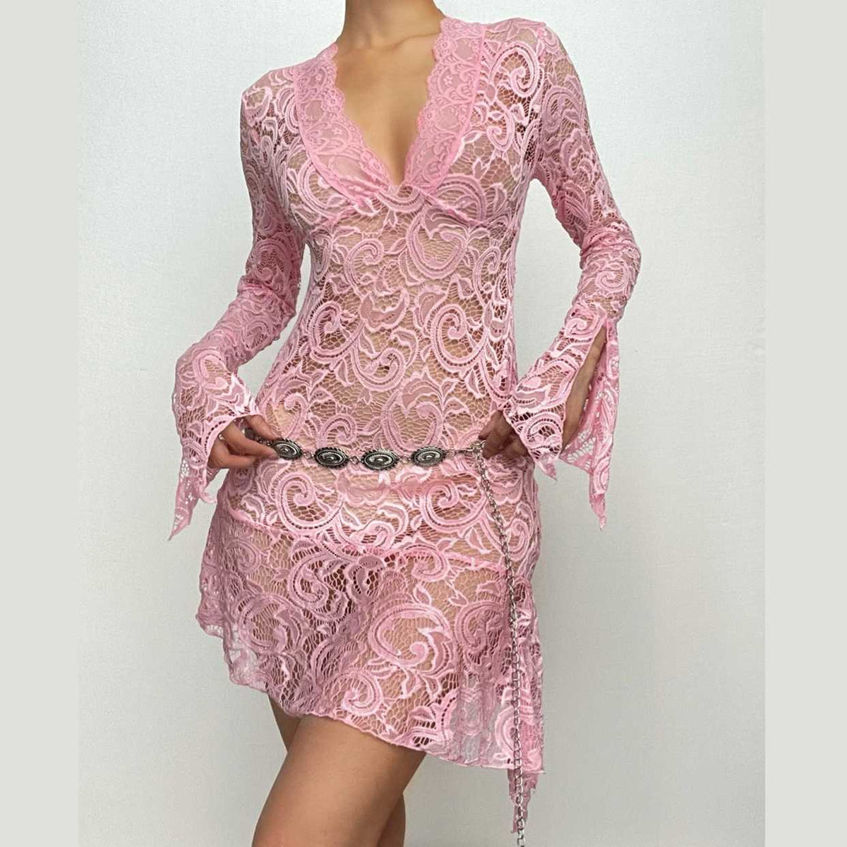 Floral Lace Bell Sleeve Handkerchief Hem V-Neck Mini Dress