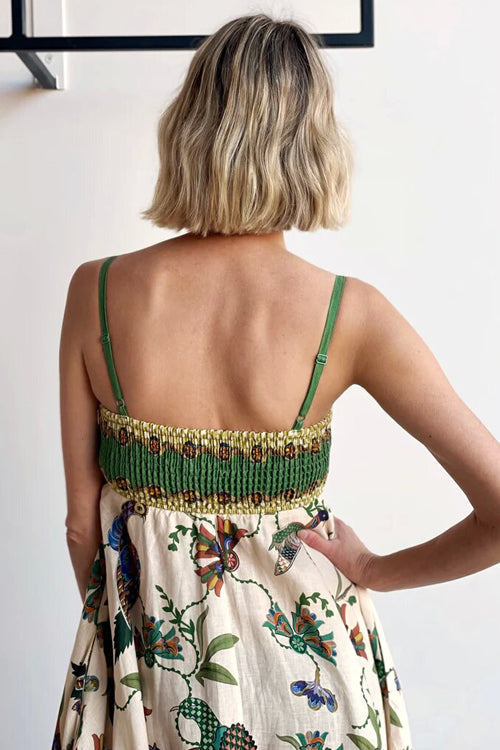 Spaghetti Strap Empire Waist Bird Botanical Border Print Pocket Maxi Dress