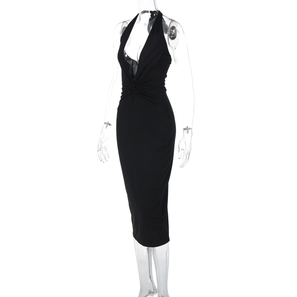 Halter Neck Plunging Twist Front Ruched Bodycon Midi Dress