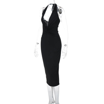 Halter Neck Plunging Twist Front Ruched Bodycon Midi Dress