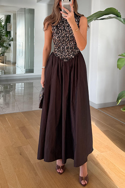 Crewneck Sleeveless Glitter Sequin Splice Maxi Dress