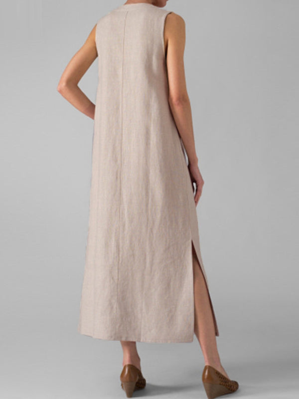 Sleeveless Notched Collar Button Front Linen Maxi Dress with Side Slits