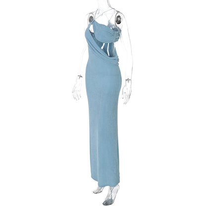 One Shoulder Diagonal Cutout Draped Sash Bodycon Maxi Dress