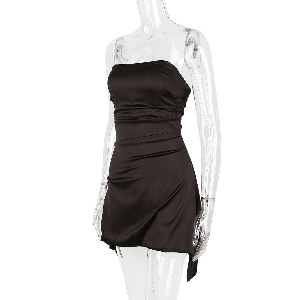 Strapless Ruched Asymmetric Draped Hem Satin Mini Dress