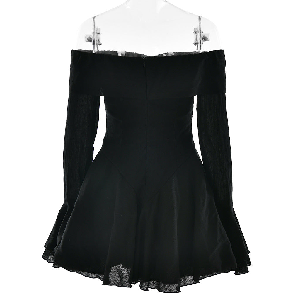Off Shoulder Bow Front Sheer Bell Cuff Corset Pointed Hem Skater Mini Dress