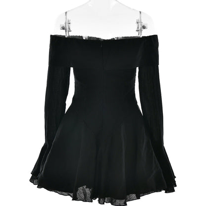 Off Shoulder Bow Front Sheer Bell Cuff Corset Pointed Hem Skater Mini Dress
