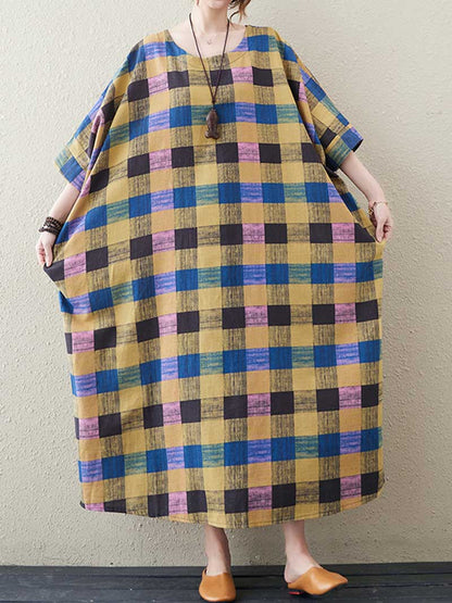 Plaid Bat Sleeve Midi Dress