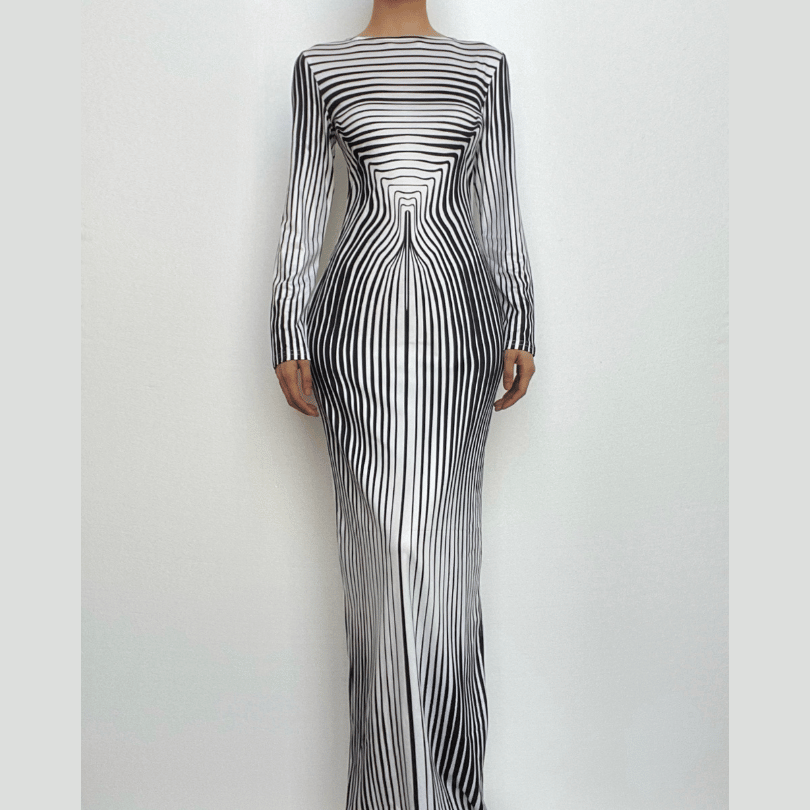 Crew Neck Optical Illusion Curved Stripe Long Sleeve Bodycon Maxi Dress