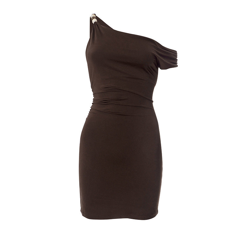 One Shoulder Beaded Strap Ruched Bodycon Mini Dress