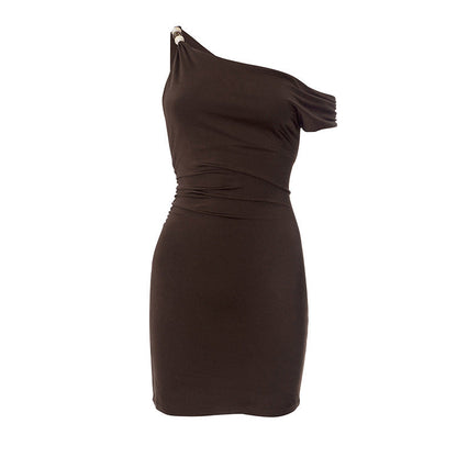 One Shoulder Beaded Strap Ruched Bodycon Mini Dress