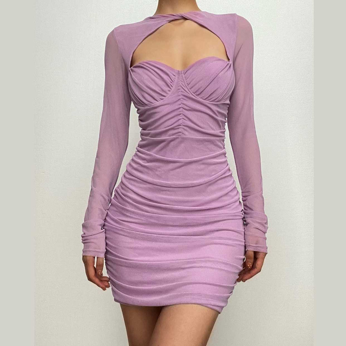 Twist Neck Mesh Sleeve Chest Cutout Ruched Bodycon Mini Dress