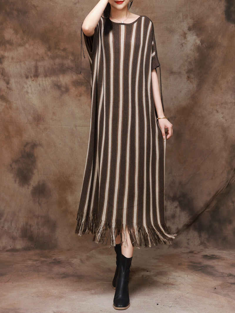 Round Neck Drop Shoulder Striped Fringe Hem Knit Maxi Dress