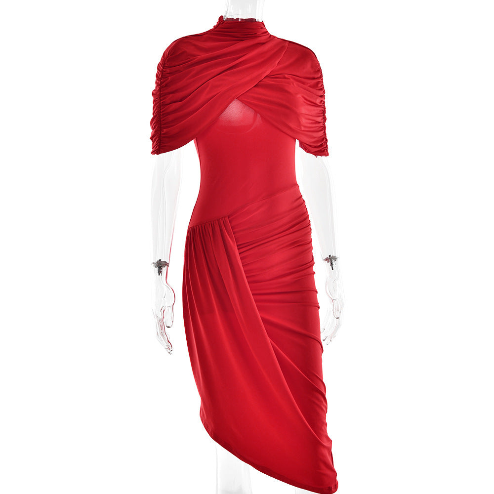 Mock Neck Draped Shoulder Ruched Asymmetrical Midi Dress