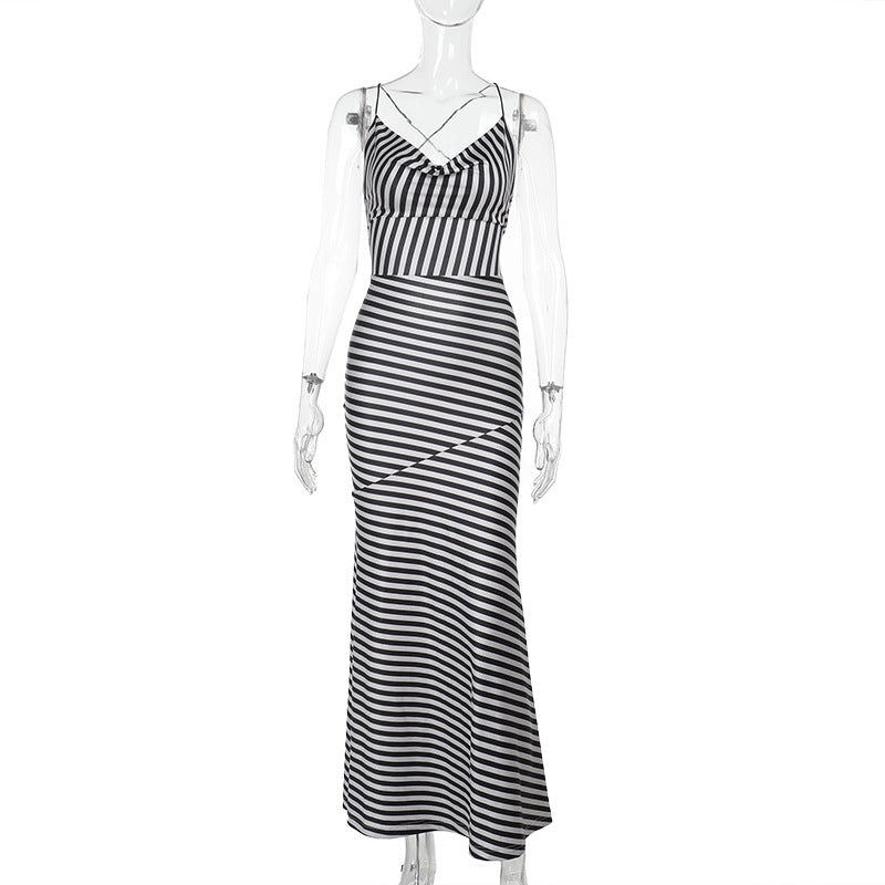 Cowl Neck Spaghetti Strap Chevron Stripe Bodycon Maxi Dress