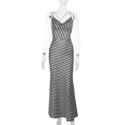 Cowl Neck Spaghetti Strap Chevron Stripe Bodycon Maxi Dress