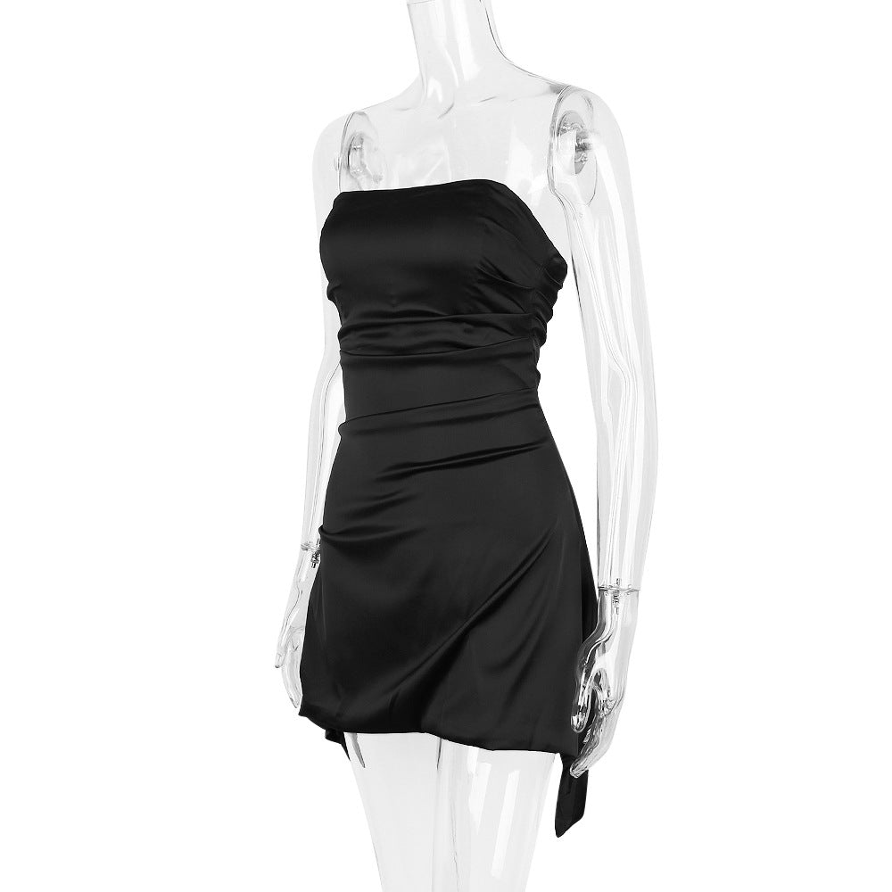 Strapless Ruched Asymmetric Hem Satin Mini Dress